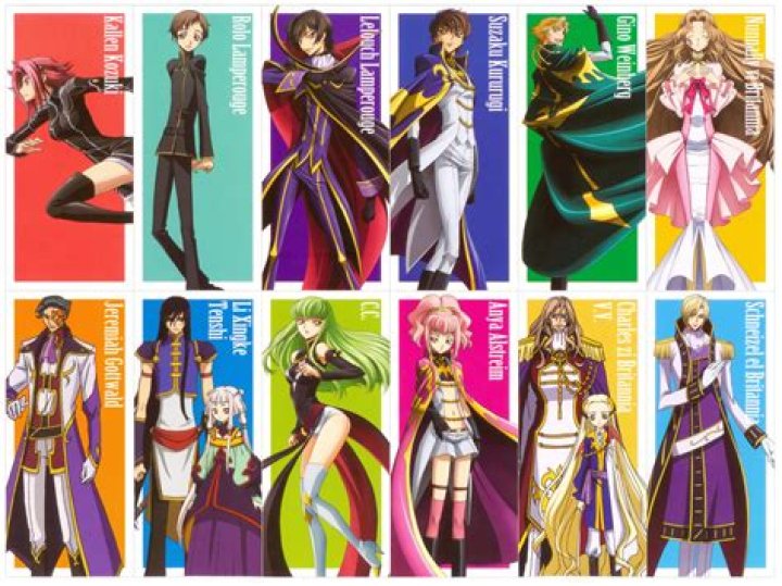 Characters from Code Geass are posing in front of a black background.